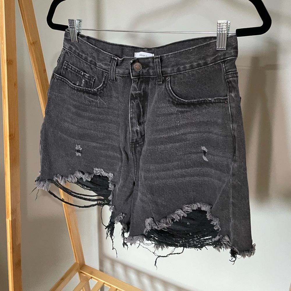 “Distressed” black jean shorts, high waisted. From forever 21!